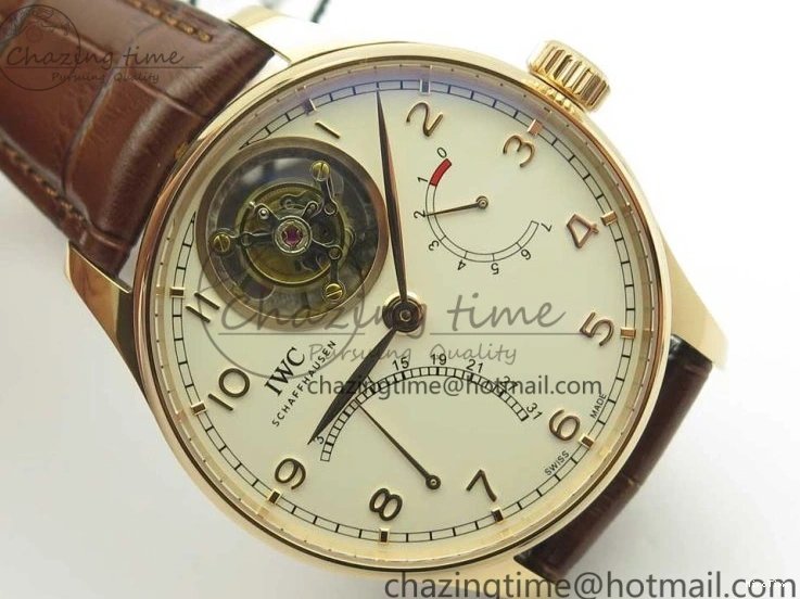 MIROTIME 1222 Portuguese Tourbillon IW504602 RG ZF Best Edition White Dial on Brown Leather Strap Stretchable 7178